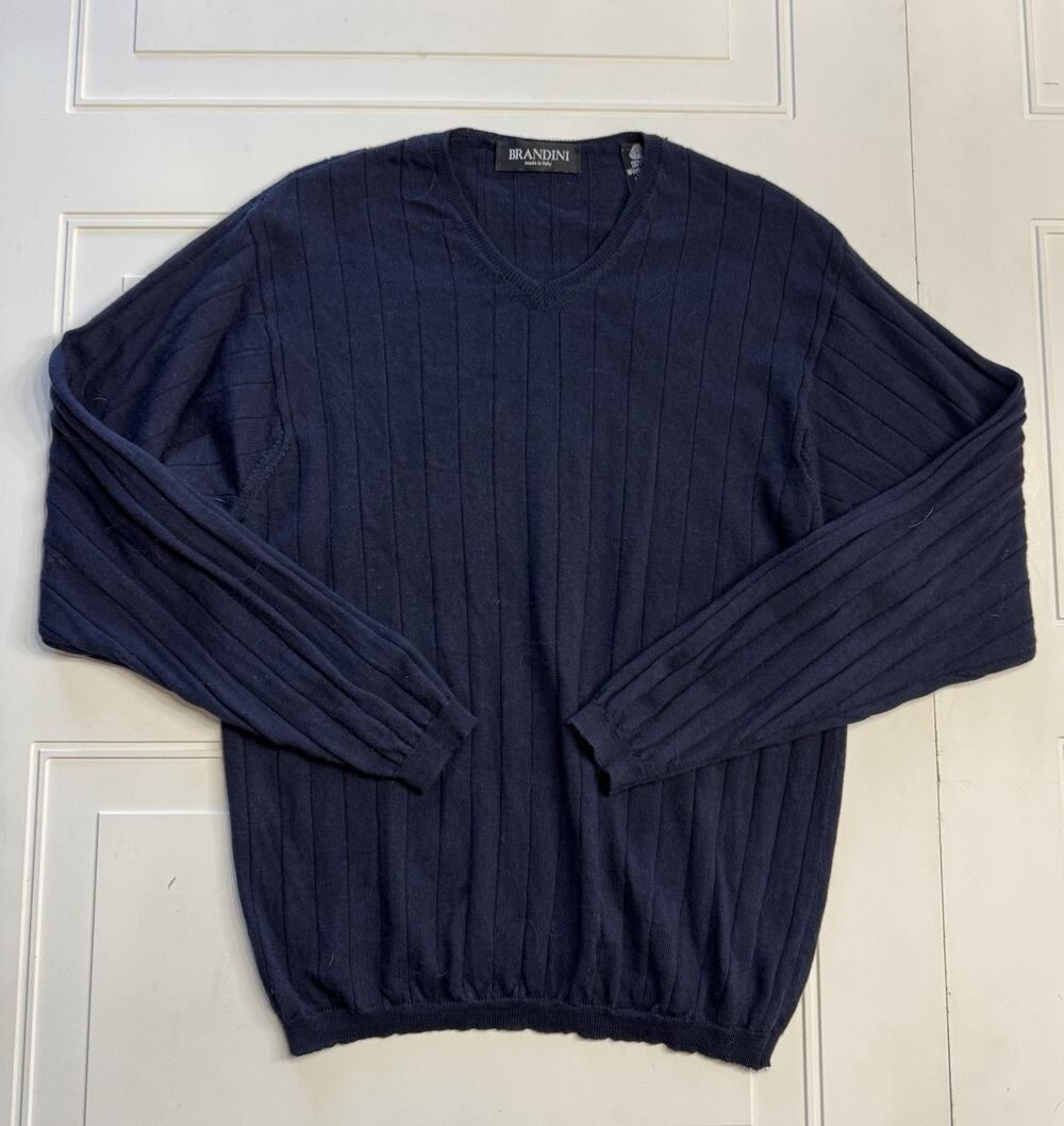 Brandini Mens Sz M Navy Blue Merino Wool Ribbed Long Sleeve V Neck Sweater